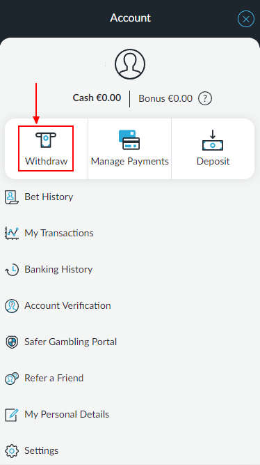 BetVictor Withdrawal button