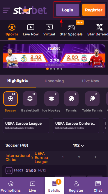 Starbet login button