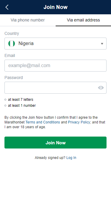 Registration in Marathonbet application via e-mail