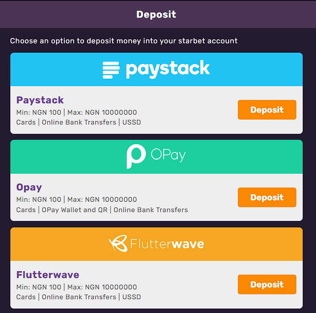 StarBet payment methods