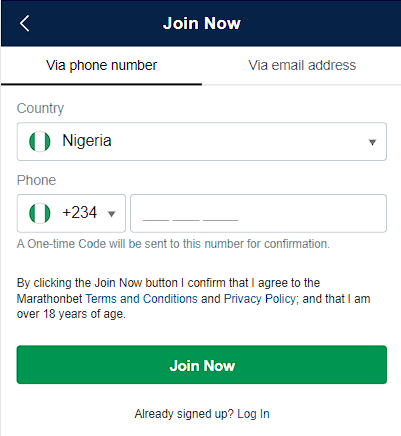 Registration via phone number Marathonbet