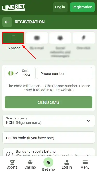 Linebet Registration via Phone Step 1