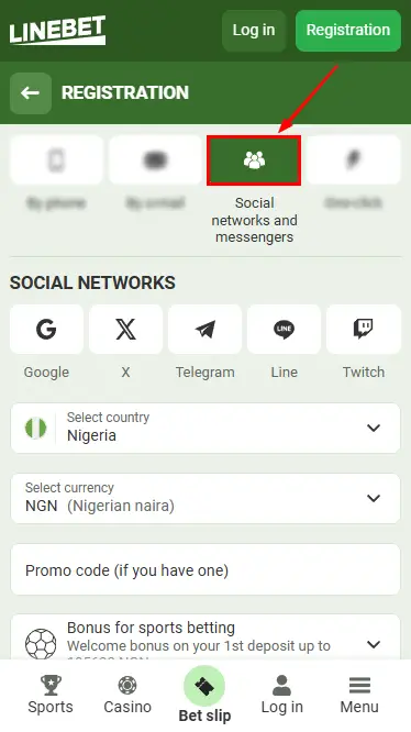 Linebet Registration via Social Networks Step 1