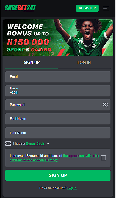 Registration form on Surebet247