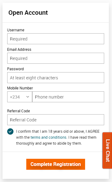 Registration form on betBonanza