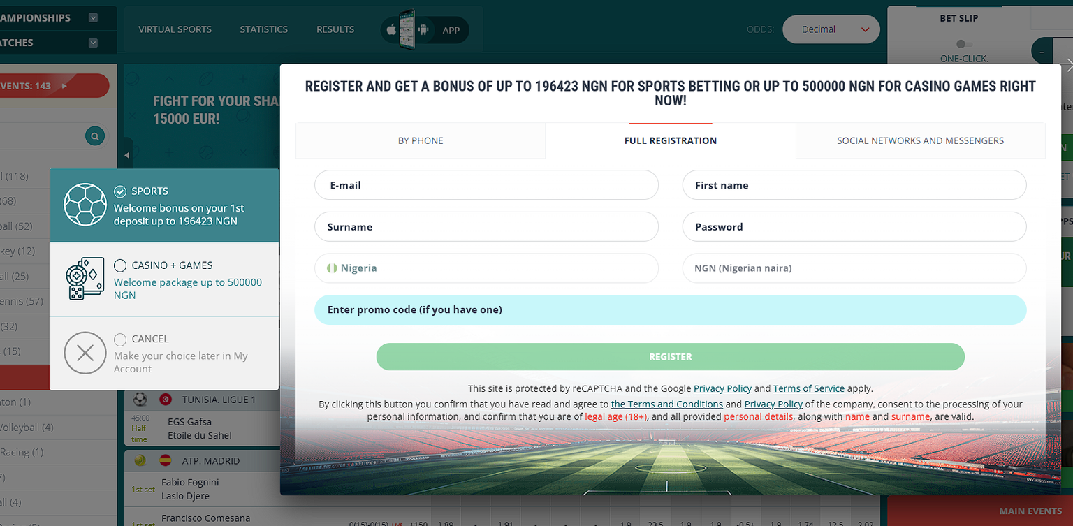 22Bet Nigeria mobile registration