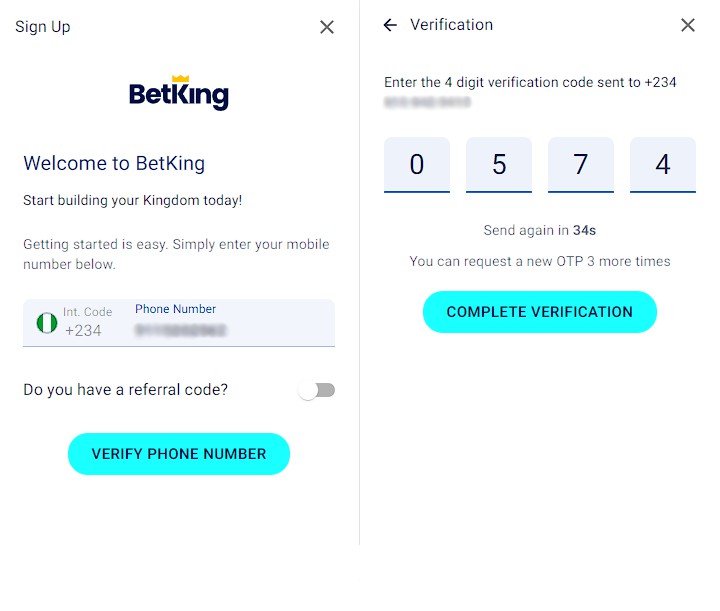 Registration form BetKing