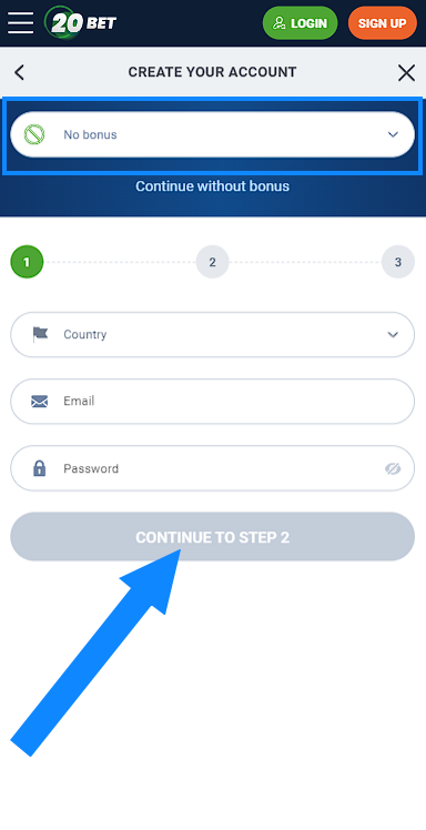 Krok rejestracji w 20bet pokazujący formularz