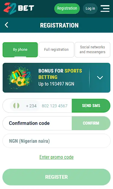 22Bet Registration Form