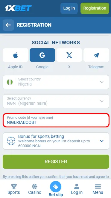 1xBet registration bonus code Nigeria 2026