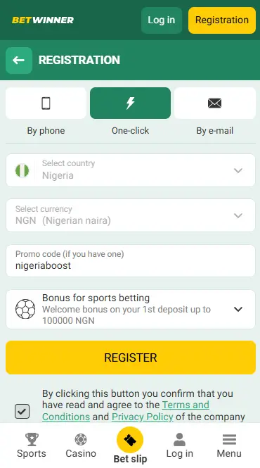 BetWinner Nigeria Registration