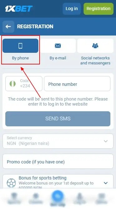1xBet Cell Phone Registration Form