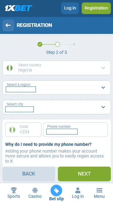 1xBet email registration