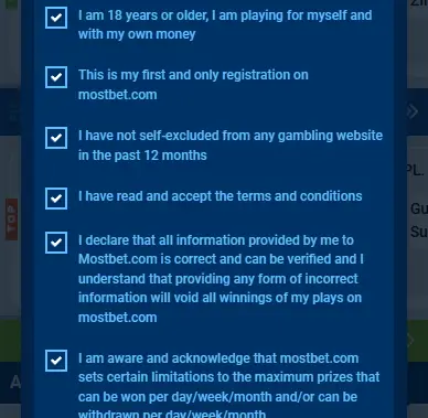 Mostbet terms in the registration form