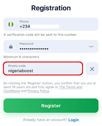 promo code field in the registration form 1win