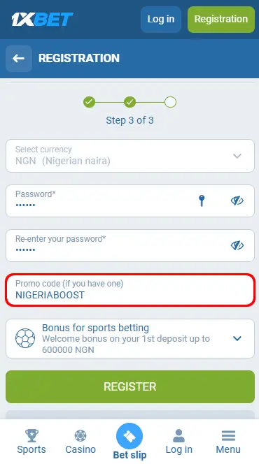 1xBet promo code during registration