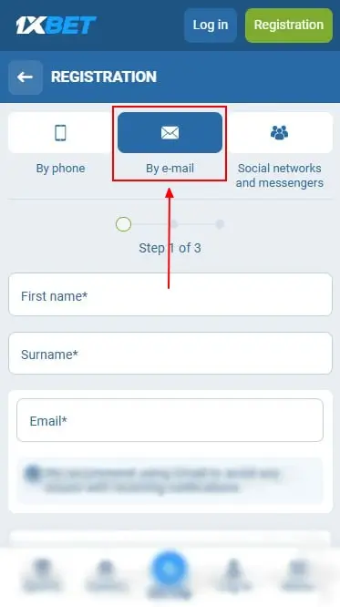 1xBet Email Registration Form