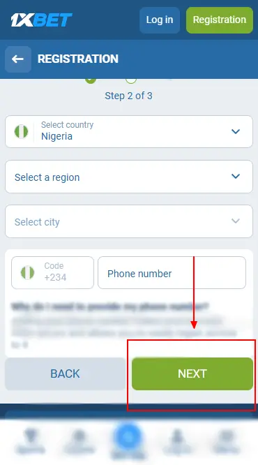Registration By E-mail Step 2: Next Button