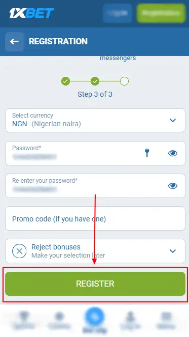Registration By E-mail Step 5: Next Button