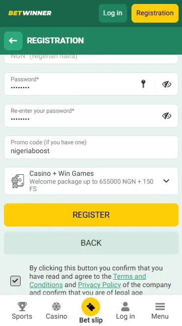 BetWinner welcome bonus during registration