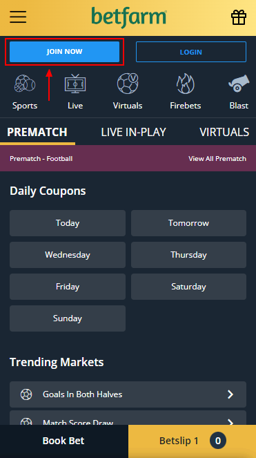 Registration button on the Betfarm website