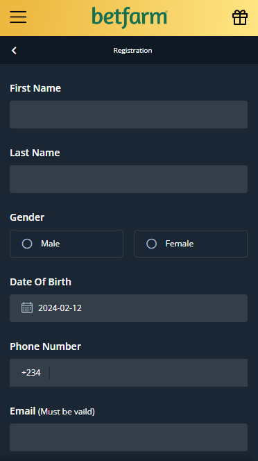 Registration form on the Betfarm website