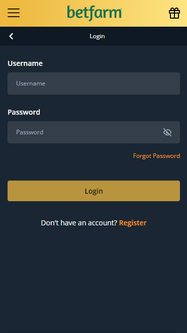 Betfarm website account login form