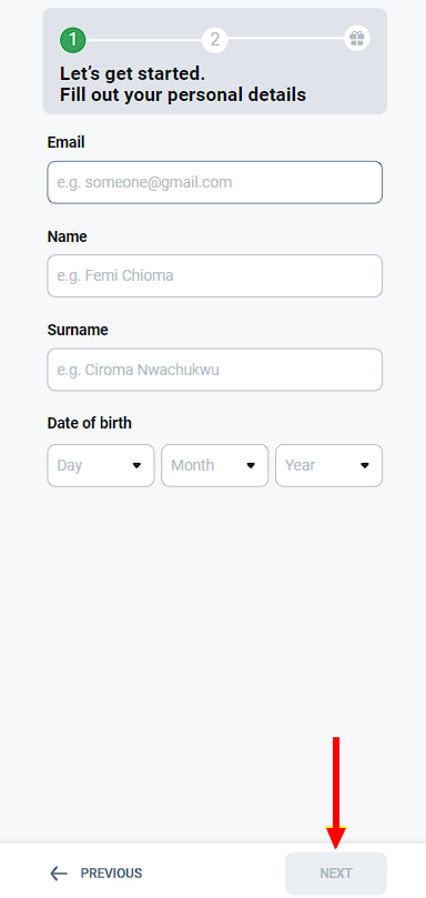 The first stage of registration on the Betano website