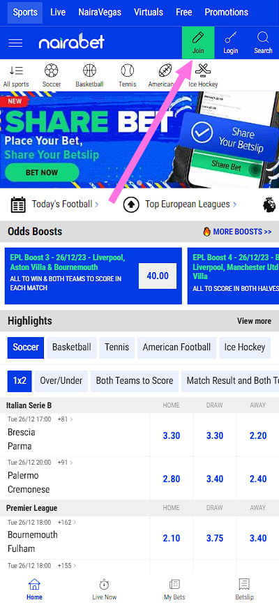 Register at NairaBet