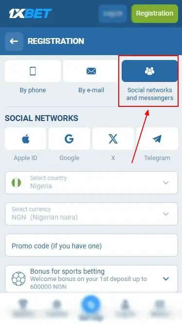1xBet - Registration By Social Networks