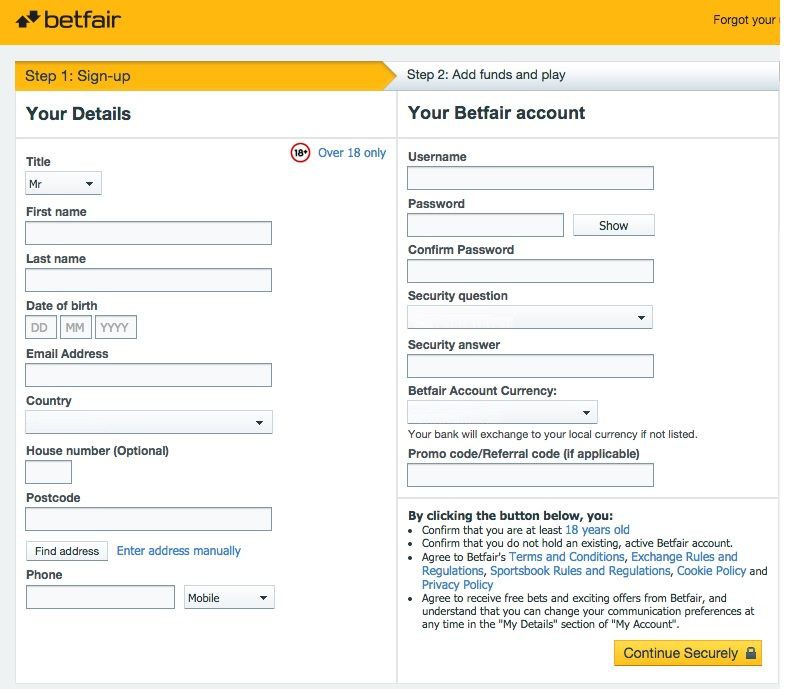 Betfair registration form