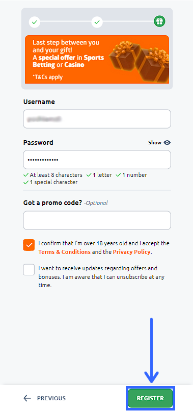 Betbiga registration form