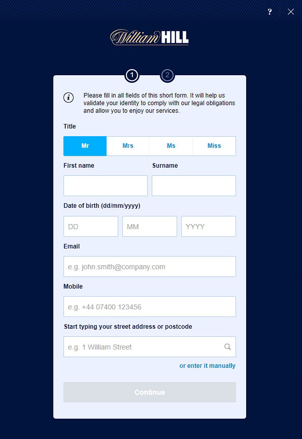 William Hill registration stage 1