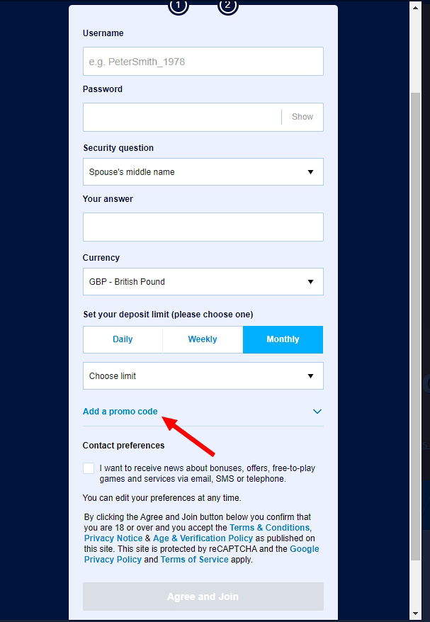 William Hill registration stage 2