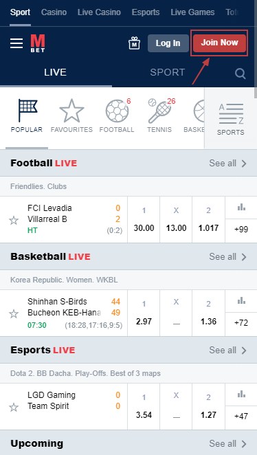 Registration button on the Marathonbet website