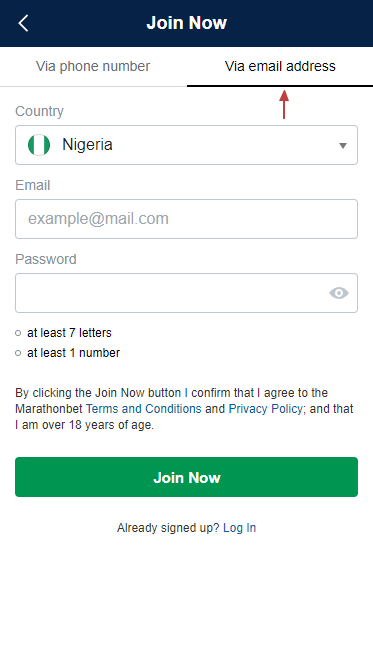 Registering for Marathonbet using your email address