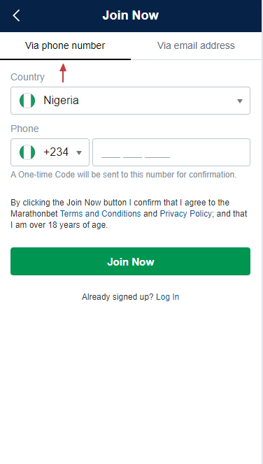 Registration on the Marathonbet website using a cell phone number