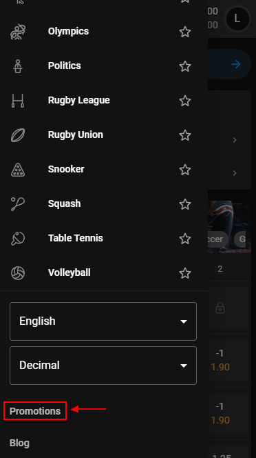 Promotions section in the Cloudbet menu