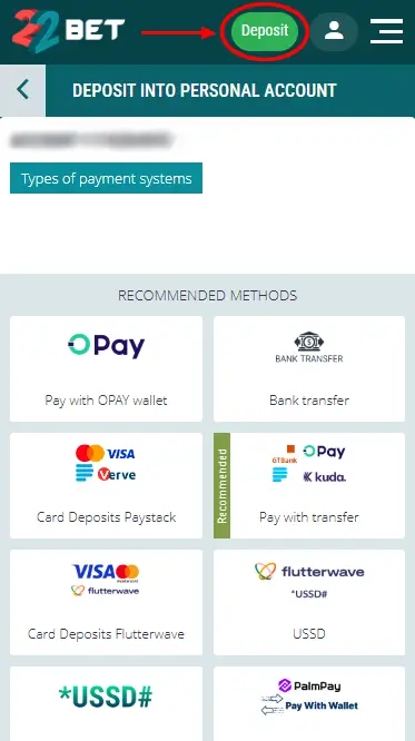 22Bet Deposit Page