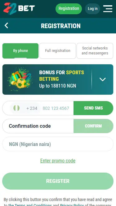 22Bet Registration Form