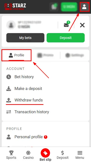 888Starz Withdraw Button