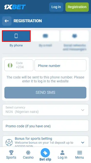 1xBet Registration Form by Phone