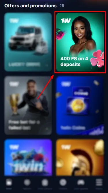 1win 400 Free Spins Bonus