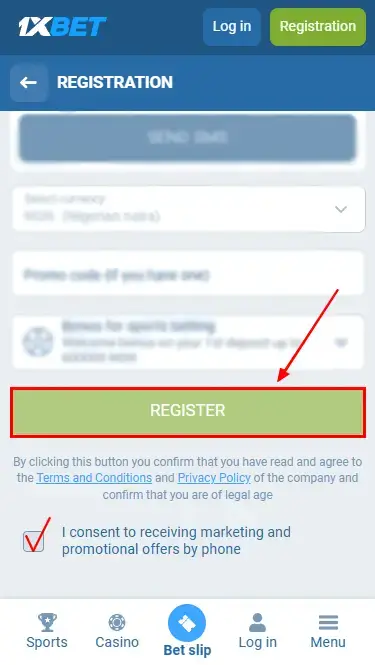 1xBet Register Button
