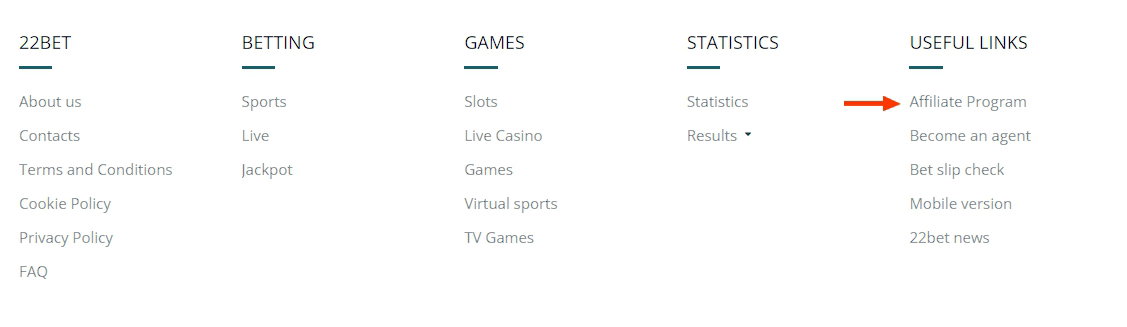 affiliate program section at 22bet