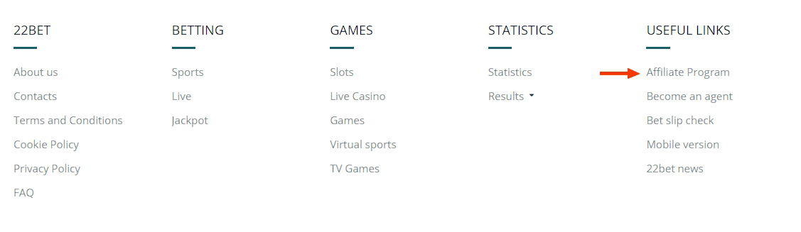 affiliate program section at 22bet