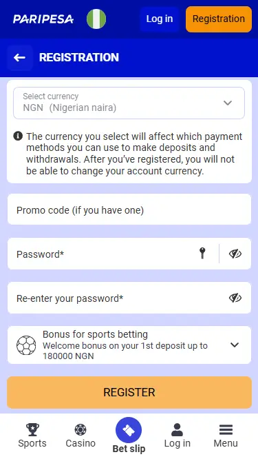 Paripesa Registration Process via Phone: Second Step