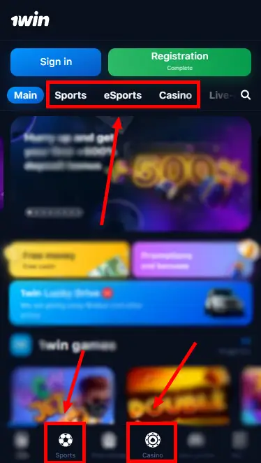 1win iOS App Nigeria - Place A Bet (Sports And Casino Buttons)