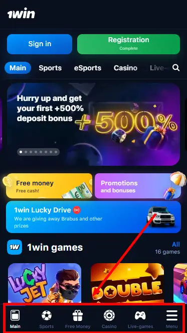 1win iOS App Nigeria - Menu