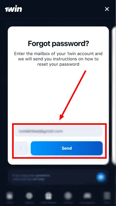 1win iOS App Nigeria - Email At Form of Forgot Password